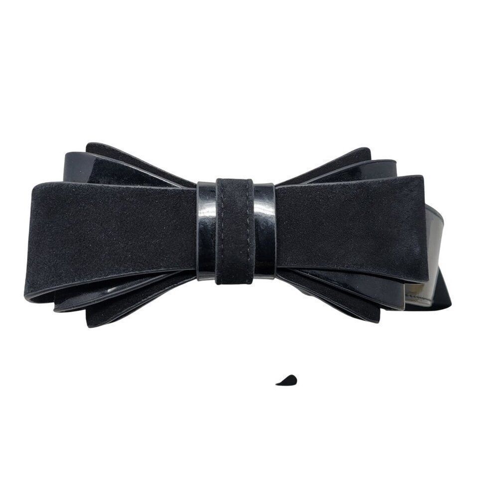 WHBM Belt Sz L Black Suede Patent Leather 3D Bow Statement Stretch Cincher Glam - Picture 10 of 10
